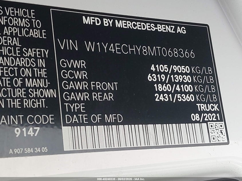 2021 Mercedes-benz Sprinter VIN W1Y4ECHY8MT068366 IAAI salvage auction — RIGHT SIDE, Original (Texas), sold $20,575 on 2026-07-31 (photo 9)