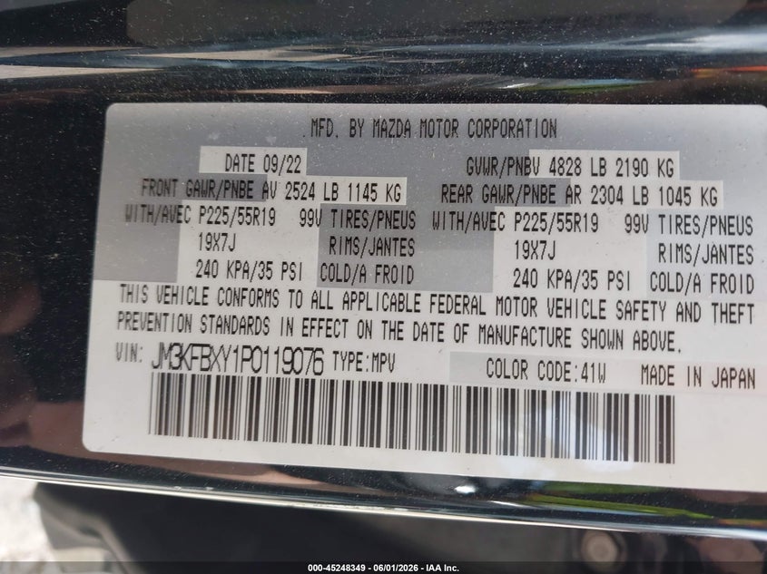 2023 Mazda Cx-5 VIN JM3KFBXY1P0119076 IAAI salvage auction — FRONT & REAR, Salvage Title, sold $10,400 on 2026-07-08 (photo 9)