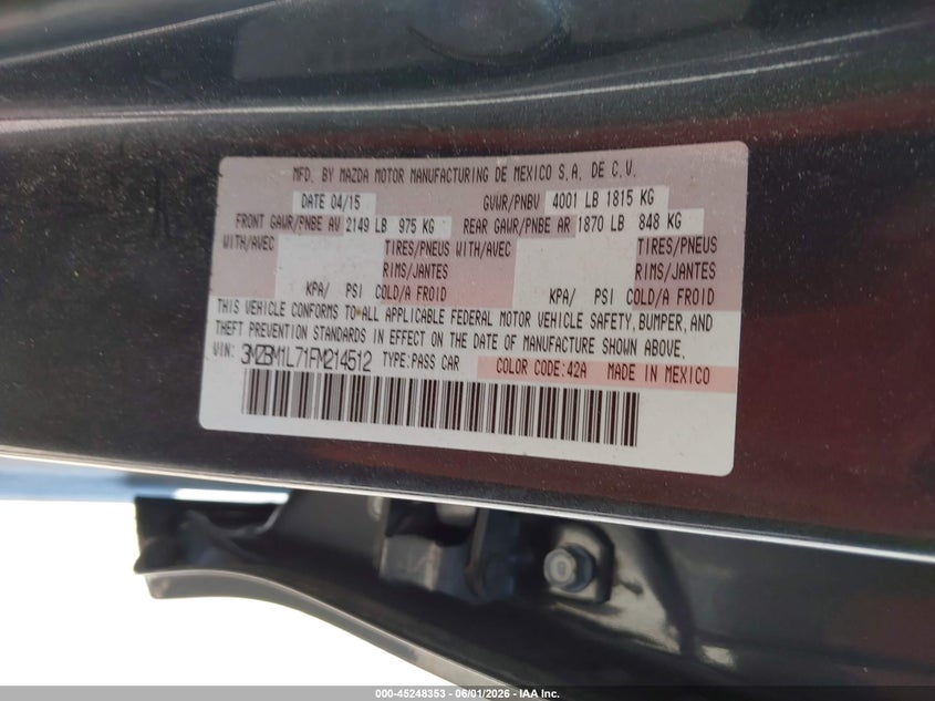 2015 Mazda 3 VIN 3MZBM1L71FM214512 IAAI salvage auction — LEFT FRONT, Salvage Title, sold $550 on 2026-07-23 (photo 9)