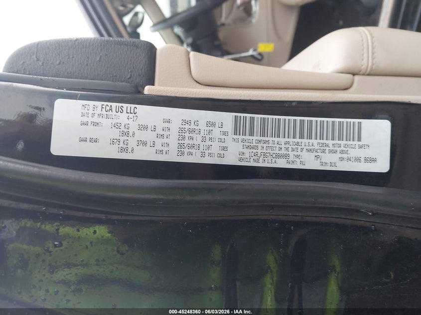 2017 Jeep Grand cherokee VIN 1C4RJFBG7HC880089 IAAI salvage auction — SIDE, Salvage Title, sold $3,900 on 2026-07-09 (photo 9)