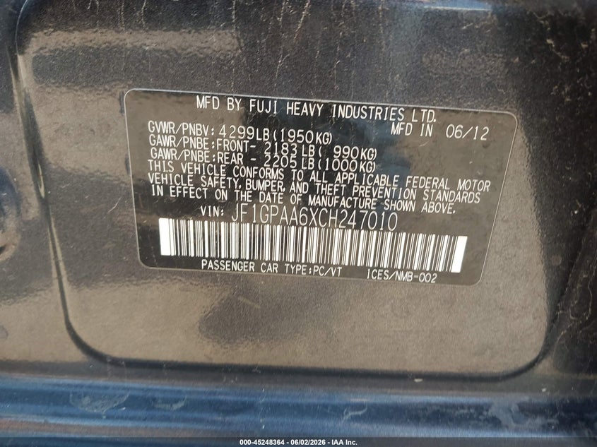 2012 Subaru Impreza VIN JF1GPAA6XCH247010 IAAI salvage auction — RIGHT SIDE, Salvage Title, sold $500 on 2026-07-15 (photo 9)