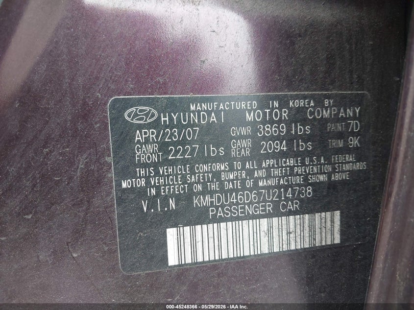 2007 Hyundai Elantra VIN KMHDU46D67U214738 IAAI salvage auction — BIOHAZARD/CHEMICAL, Bill Of Sale (Washington), sold $225 on 2026-07-16 (photo 9)
