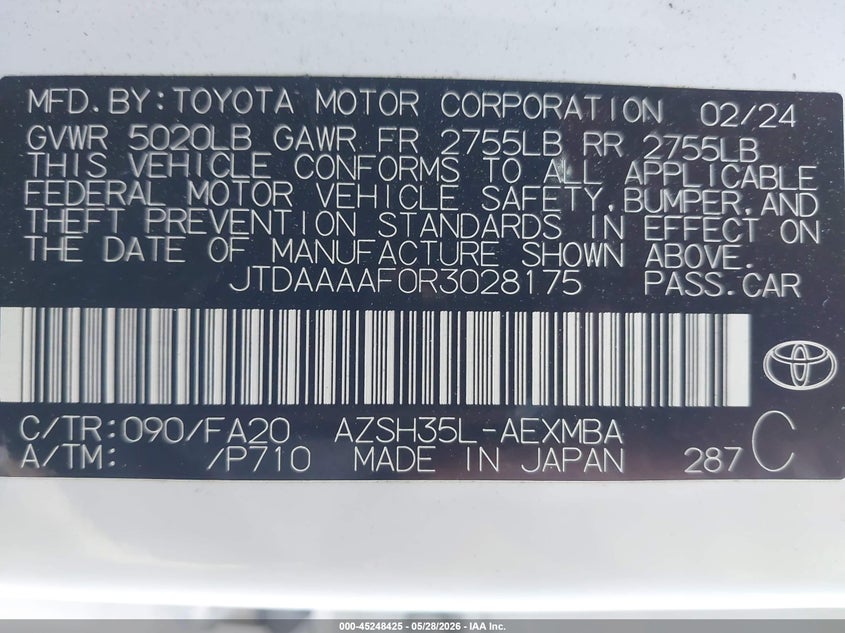2024 Toyota Crown VIN JTDAAAAF0R3028175 IAAI salvage auction — LEFT FRONT, Salvage Title, sold $13,500 on 2026-07-27 (photo 9)