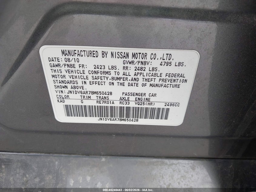 2011 Infiniti G25 VIN JN1DV6AR7BM650428 IAAI salvage auction — REAR END, Certificate Of Title (Nebraska), sold $1,050 on 2026-07-06 (photo 9)