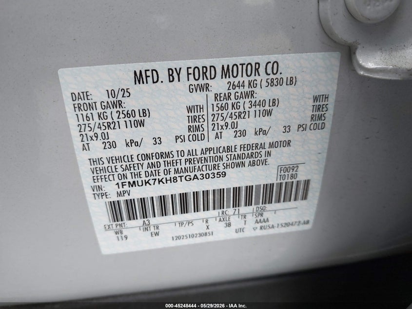 2026 Ford Explorer VIN 1FMUK7KH8TGA30359 IAAI salvage auction — SIDE, Wait Title, sold $16,900 on 2026-08-01 (photo 9)