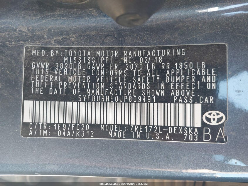 2018 Toyota Corolla VIN 5YFBURHE0JP809491 IAAI salvage auction — LEFT & RIGHT, Salvage Title, sold $25 on 2026-07-28 (photo 9)