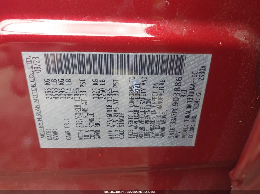2023 Nissan Rogue VIN 5N1BT3BA7PC903886 IAAI salvage auction — RIGHT FRONT, Salvage Title, sold $3,700 on 2026-07-28 (photo 9)