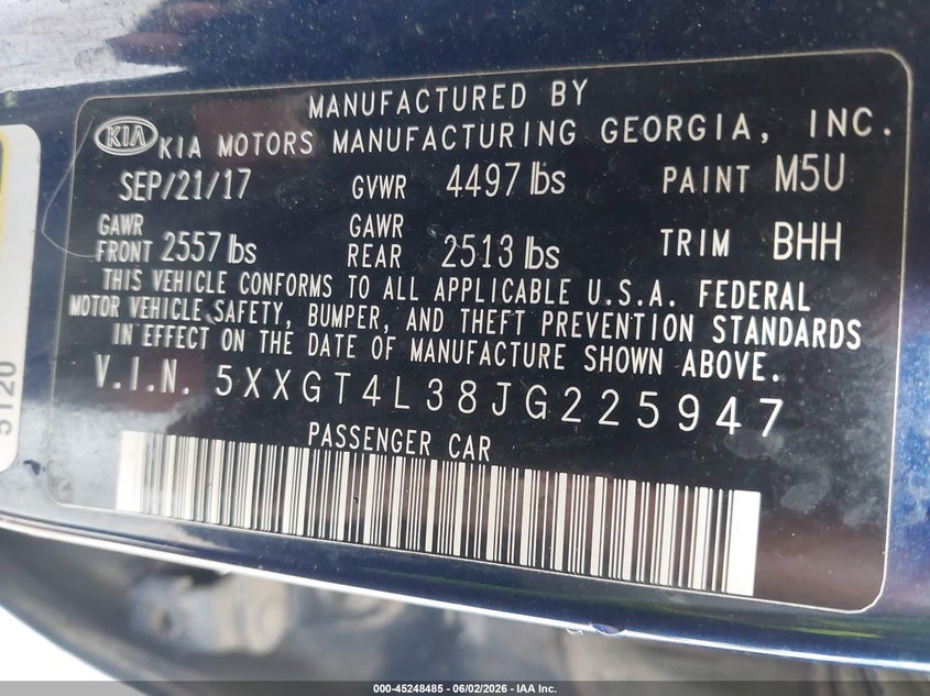 2018 Kia Optima VIN 5XXGT4L38JG225947 IAAI salvage auction — LEFT SIDE, Salvage Title, sold $1,775 on 2026-07-07 (photo 9)