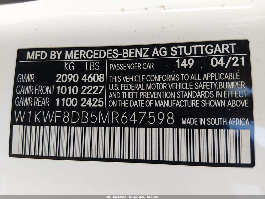 2021 Mercedes-benz C-klasse VIN W1KWF8DB5MR647598 IAAI salvage auction — SIDE, Salvage (Arkansas), sold $6,200 on 2026-07-18 (photo 9)