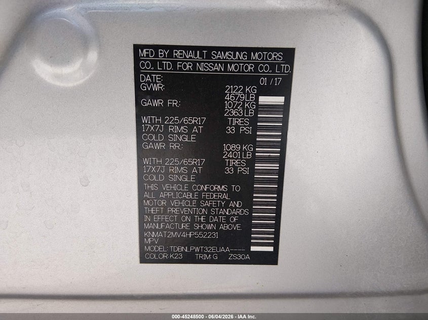 2017 Nissan Rogue VIN KNMAT2MV4HP552231 IAAI salvage auction — FRONT END, Salvage Title, sold $1,750 on 2026-07-13 (photo 9)