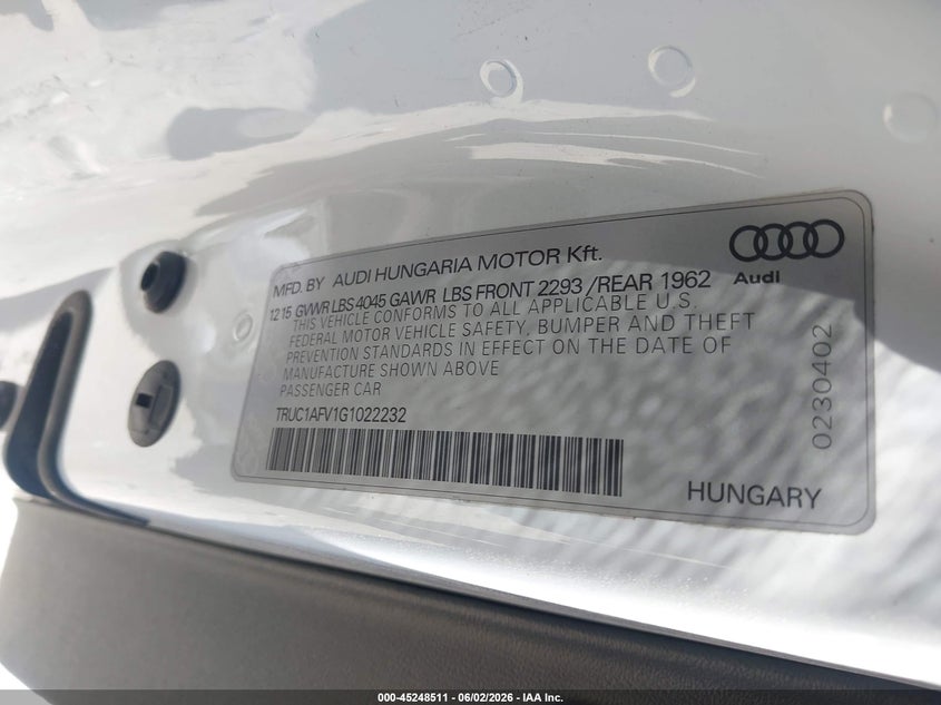 2016 Audi Tts VIN TRUC1AFV1G1022232 IAAI salvage auction — FRONT END, Salvage Title, sold $2,100 on 2026-07-07 (photo 9)