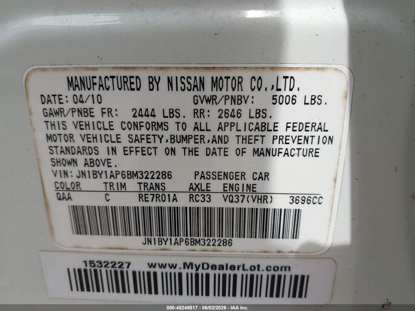 2011 Infiniti M37 VIN JN1BY1AP6BM322286 IAAI salvage auction — RIGHT SIDE, Original (Texas), sold $225 on 2026-07-23 (photo 9)