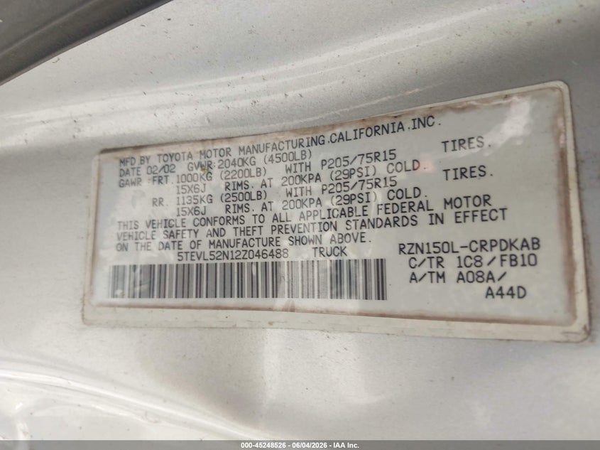 2002 Toyota Tacoma VIN 5TEVL52N12Z046488 IAAI salvage auction — ROLLOVER, Salvage (Virginia), sold $2,400 on 2026-08-02 (photo 9)