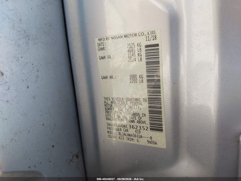 2019 Nissan Maxima VIN 1N4AA6AV0KC362352 IAAI salvage auction — HAIL, Salvage Title, sold $7,200 on 2026-07-28 (photo 9)