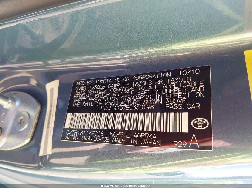 2011 Toyota Yaris VIN JTDJT4K37B5330198 IAAI salvage auction — NORMAL WEAR, Clear-Dealer Only (Arizona), sold $450 on 2026-07-28 (photo 9)