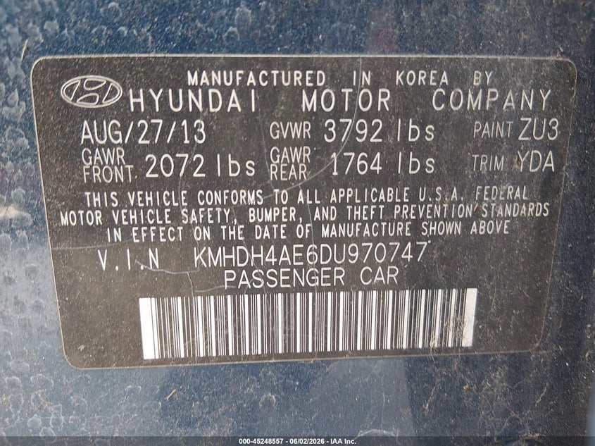 2013 Hyundai Elantra VIN KMHDH4AE6DU970747 IAAI salvage auction — FRONT END, Clear (Florida), sold $625 on 2026-07-14 (photo 9)