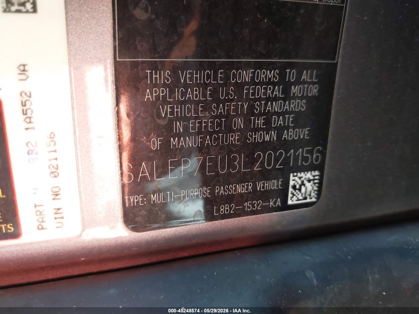 2020 Land rover Defender VIN SALEP7EU3L2021156 IAAI salvage auction — ROLLOVER, Salvage Title, sold $10,400 on 2026-07-22 (photo 9)