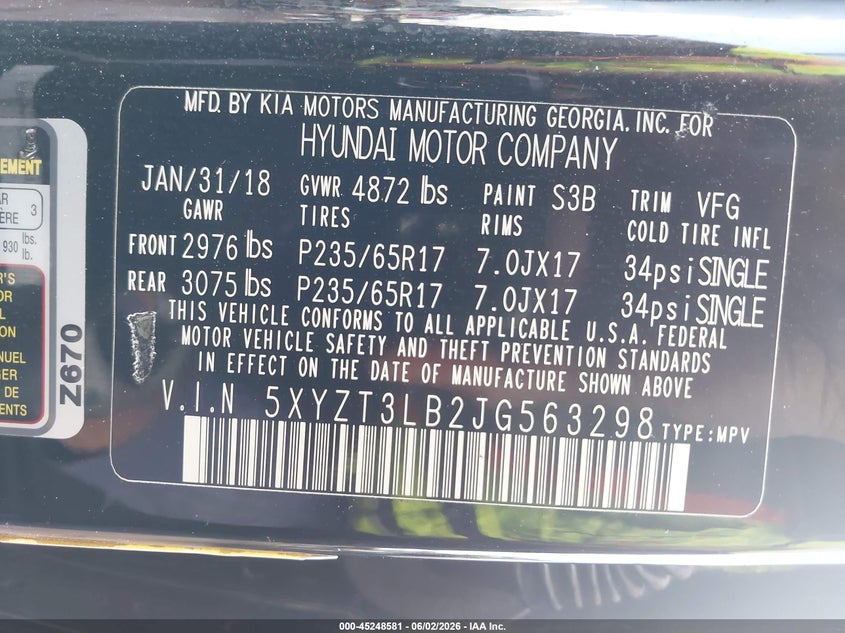 2018 Hyundai Santa fe VIN 5XYZT3LB2JG563298 IAAI salvage auction — FRONT END, Salvage Title, sold $925 on 2026-07-29 (photo 9)