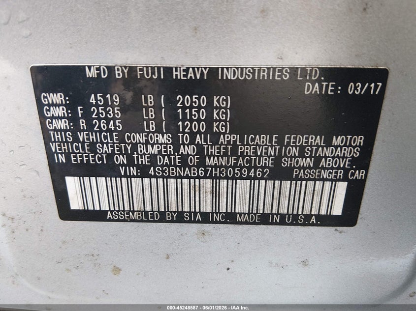 2017 Subaru LEGACY VIN 4S3BNAB67H3059462 IAAI salvage auction — RIGHT SIDE, Salvage (West Virginia), sold $375 on 2026-10-10 (photo 9)