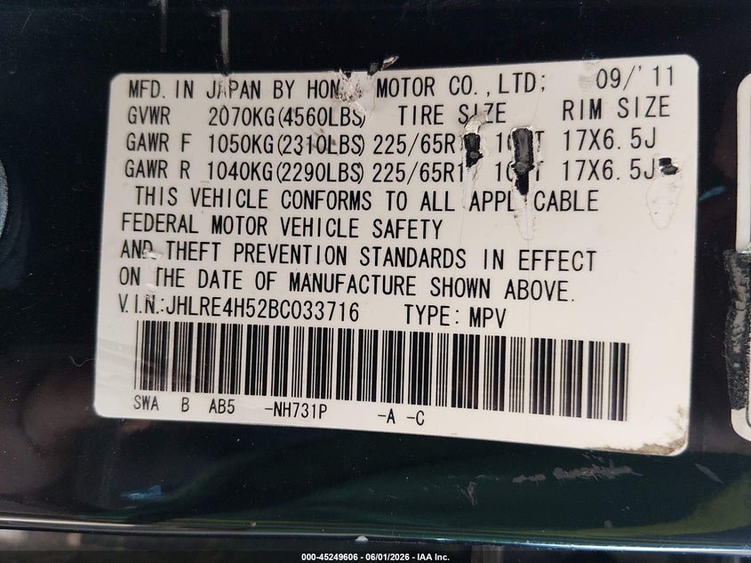2011 Honda Cr-v VIN JHLRE4H52BC033716 IAAI salvage auction — HAIL, Salvage (Kansas), sold $1,850 on 2026-07-24 (photo 9)