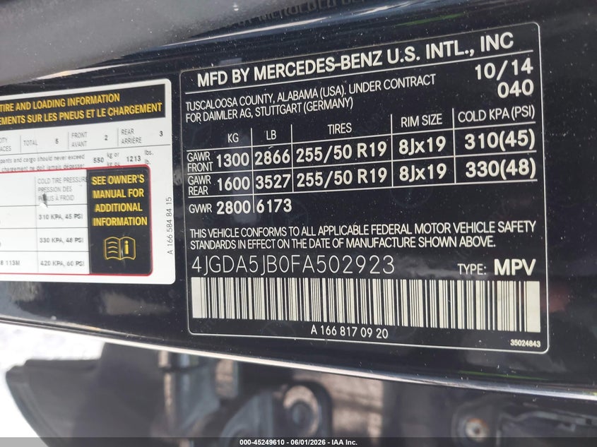 2015 Mercedes-benz M-klasse VIN 4JGDA5JB0FA502923 IAAI salvage auction — SIDE, Salvage Title, sold $3,550 on 2026-07-20 (photo 9)