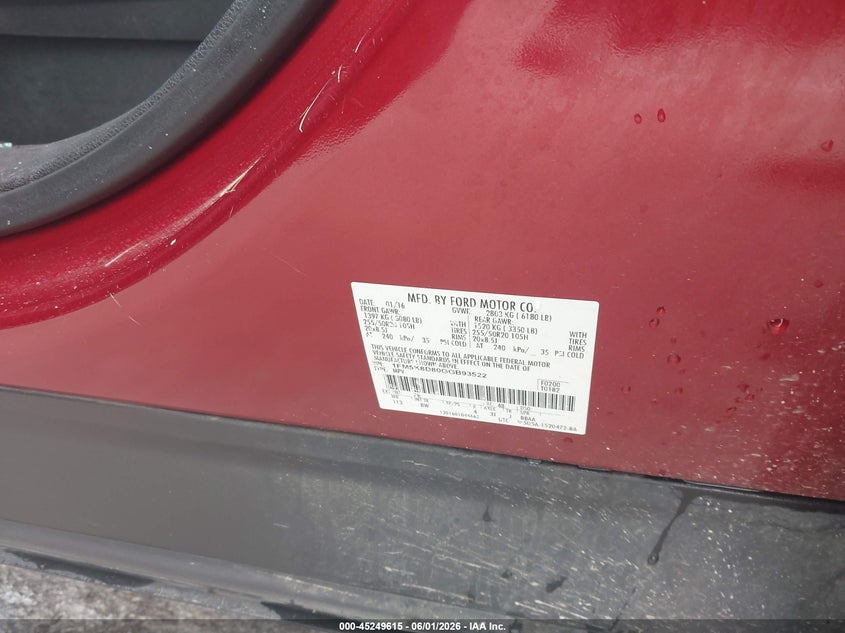 2016 Ford Explorer VIN 1FM5K8D80GGB93522 IAAI salvage auction — BIOHAZARD/CHEMICAL, Salvage Title, sold $650 on 2026-08-20 (photo 9)