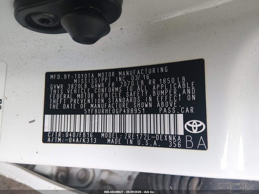 2016 Toyota Corolla VIN 5YFBURHE0GP488951 IAAI salvage auction — FRONT END, Salvage Title, sold $2,650 on 2026-07-21 (photo 9)