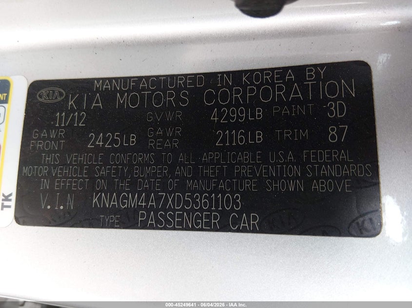 2013 Kia Optima VIN KNAGM4A7XD5361103 IAAI salvage auction — HAIL, Salvage Title, sold $625 on 2026-07-17 (photo 9)