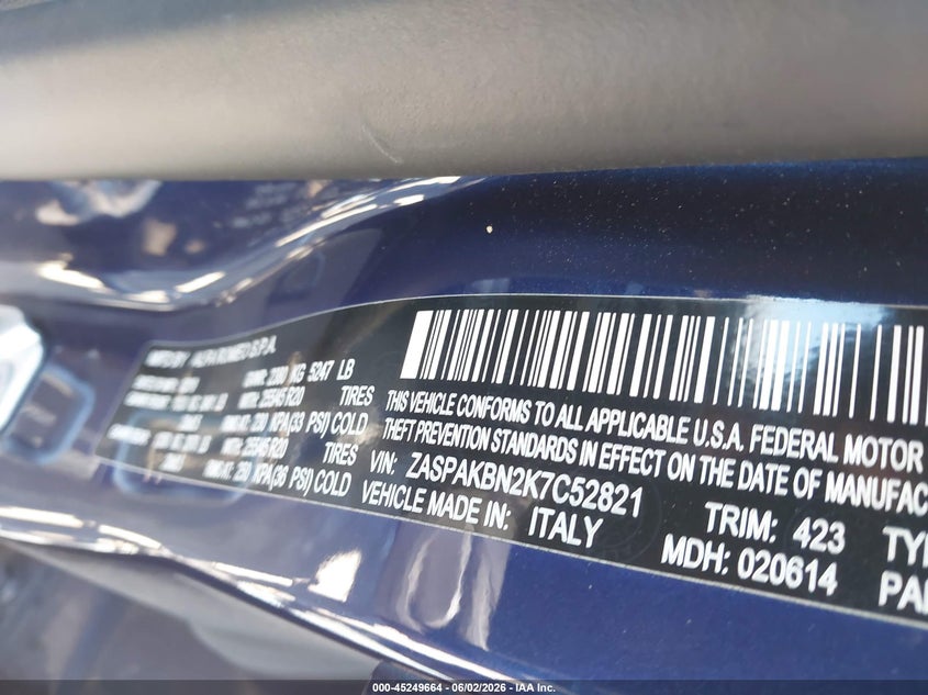 2019 Alfa romeo Stelvio VIN ZASPAKBN2K7C52821 IAAI salvage auction — FRONT END, Salvage Title, sold $2,475 on 2026-07-14 (photo 9)