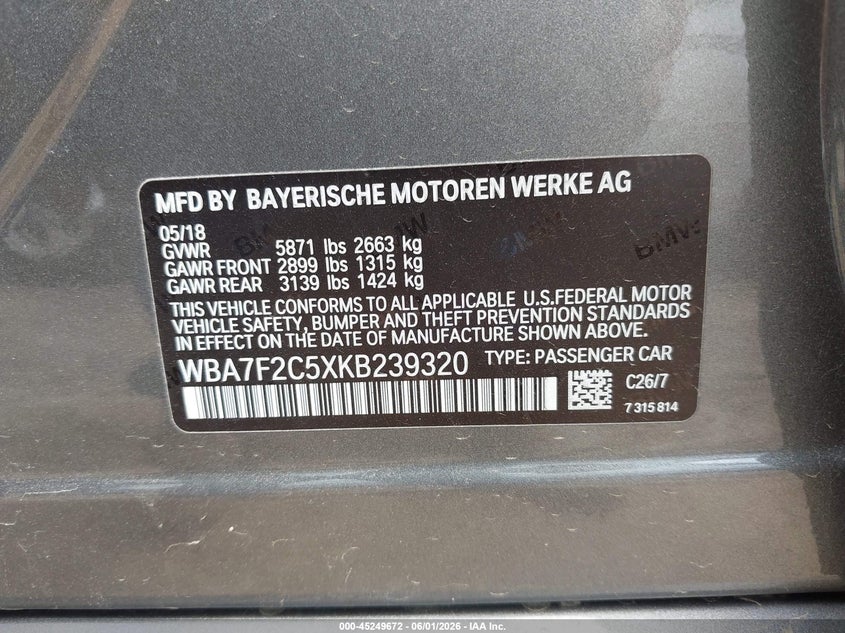 2019 BMW VIN WBA7F2C5XKB239320 IAAI salvage auction — RIGHT FRONT, Salvage Title, sold $25 on 2026-07-28 (photo 9)