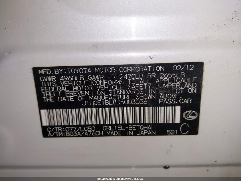 2013 Lexus Gs VIN JTHCE1BL8D5003036 IAAI salvage auction — FRONT END, Salvage (Maine), sold $1,450 on 2026-08-02 (photo 9)