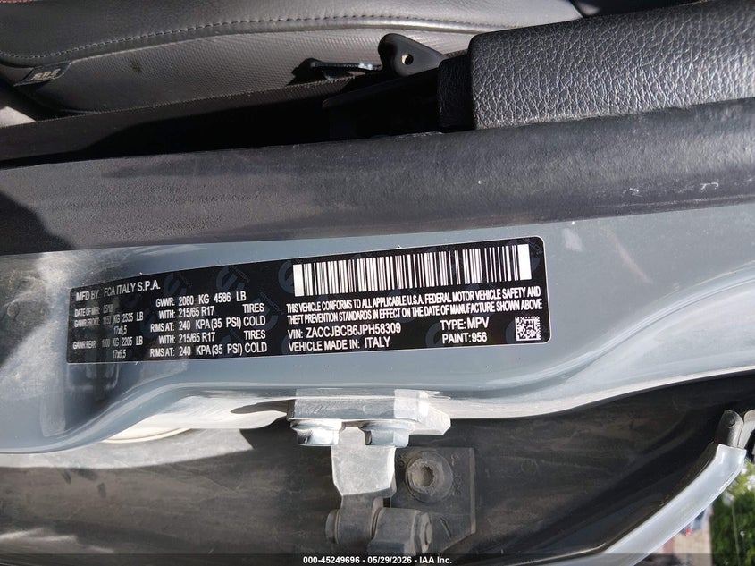 2018 Jeep Renegade VIN ZACCJBCB6JPH58309 IAAI salvage auction — HAIL, Clear (Missouri), sold $2,100 on 2026-07-06 (photo 9)