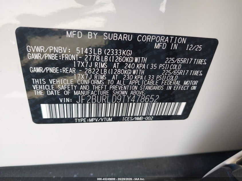 2026 Subaru Outback VIN JF2BURLD9TY478652 IAAI salvage auction — HAIL, Salvage Title, sold $27,550 on 2026-07-20 (photo 9)
