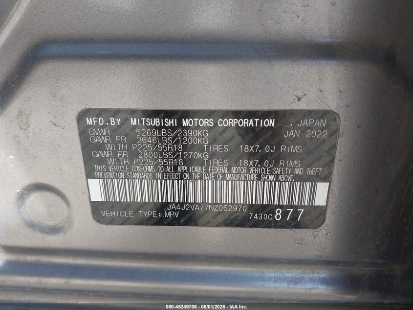 2022 Mitsubishi VIN JA4J2VA77NZ062970 IAAI salvage auction — FRONT END, Salvage Title, sold $5,800 on 2026-07-14 (photo 9)