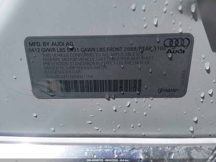2013 Audi A8 VIN WAURGAFD7DN001154 IAAI salvage auction — LEFT REAR, Salvage Title, sold $1,550 on 2026-07-14 (photo 9)