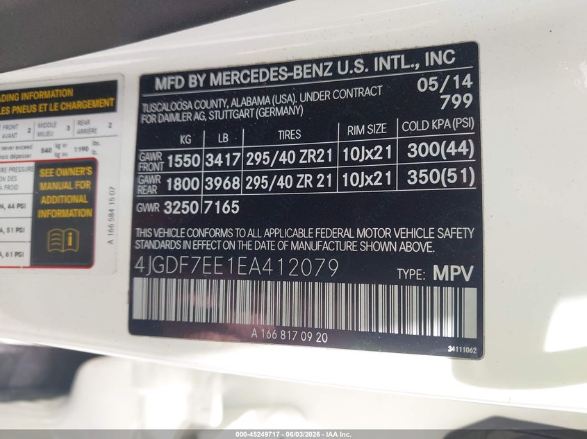 2014 Mercedes-benz Gl-klasse amg VIN 4JGDF7EE1EA412079 IAAI salvage auction — FRONT END, Salvage Title, sold $5,900 on 2026-08-01 (photo 9)