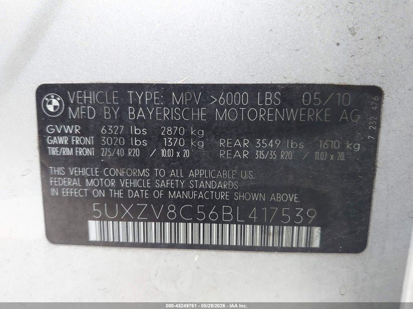 2011 BMW X5 VIN 5UXZV8C56BL417539 IAAI salvage auction — NORMAL WEAR, Clear (Washington), sold $625 on 2026-07-22 (photo 9)
