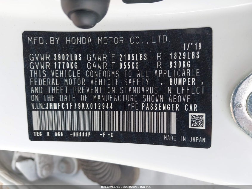 2019 Honda Civic VIN JHMFC1F79KX012944 IAAI salvage auction — RIGHT SIDE, Salvage (Texas), sold $1,550 on 2026-07-23 (photo 9)