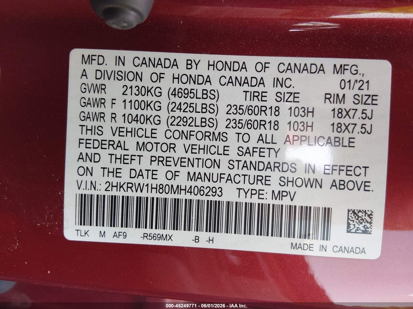 2021 Honda Cr-v VIN 2HKRW1H80MH406293 IAAI salvage auction — HAIL, Salvage Title, sold $11,200 on 2026-07-31 (photo 9)