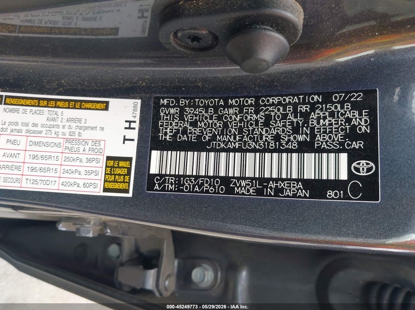 2022 Toyota Prius VIN JTDKAMFU3N3181348 IAAI salvage auction — RIGHT SIDE, Non-Repairable (California), sold $525 on 2026-07-28 (photo 9)