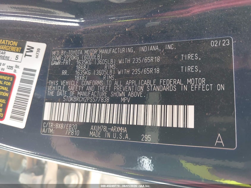 2023 Toyota Highlander VIN 5TDKBRCH2PS577838 IAAI salvage auction — FRONT END, Salvage Title, sold $13,200 on 2026-07-28 (photo 9)