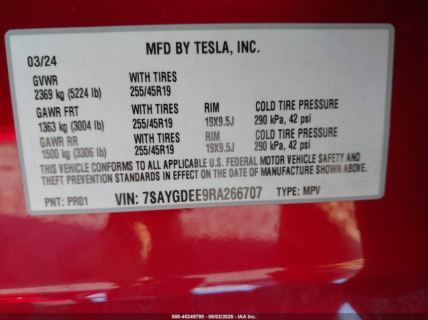2024 Tesla Model y VIN 7SAYGDEE9RA266707 IAAI salvage auction — FRONT END, Original (Texas), sold $11,550 on 2026-07-30 (photo 9)