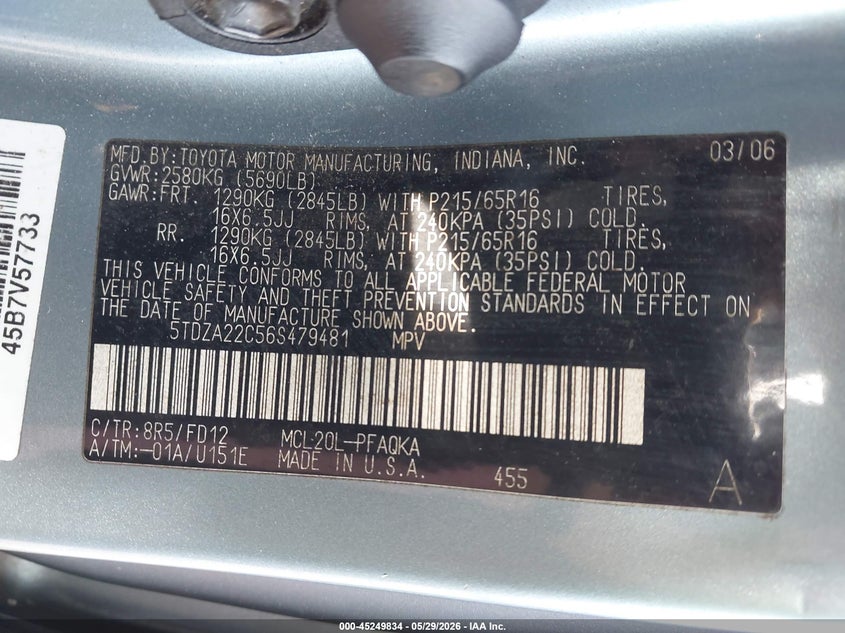 2006 Toyota Sienna VIN 5TDZA22C56S479481 IAAI salvage auction — NORMAL WEAR, Clear (Florida), sold $500 on 2026-07-14 (photo 9)