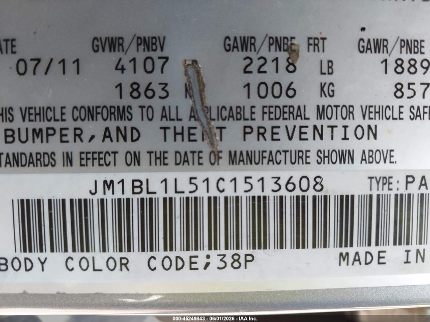 2012 Mazda VIN JM1BL1L51C1513608 IAAI salvage auction — RIGHT SIDE, Salvage Title, sold $400 on 2026-07-09 (photo 9)