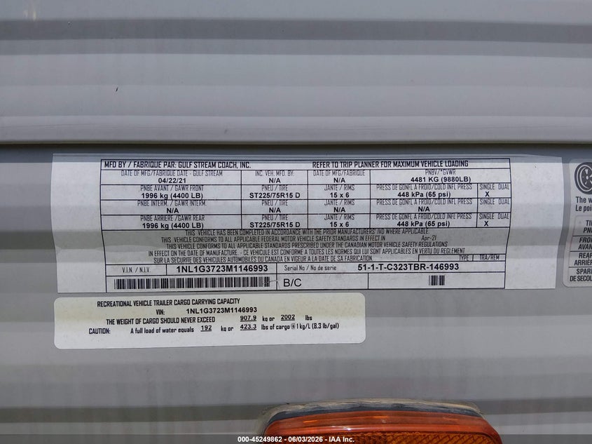2021 Gulfstream Conquest VIN 1NL1G3723M1146993 IAAI salvage auction — HAIL, Clear (Arkansas), sold $7,100 on 2026-07-23 (photo 9)