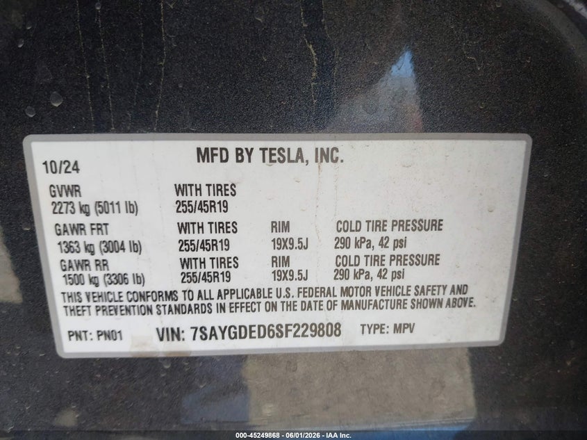 2025 Tesla Model y VIN 7SAYGDED6SF229808 IAAI salvage auction — RIGHT SIDE, Salvage Title, sold $9,350 on 2026-07-23 (photo 9)