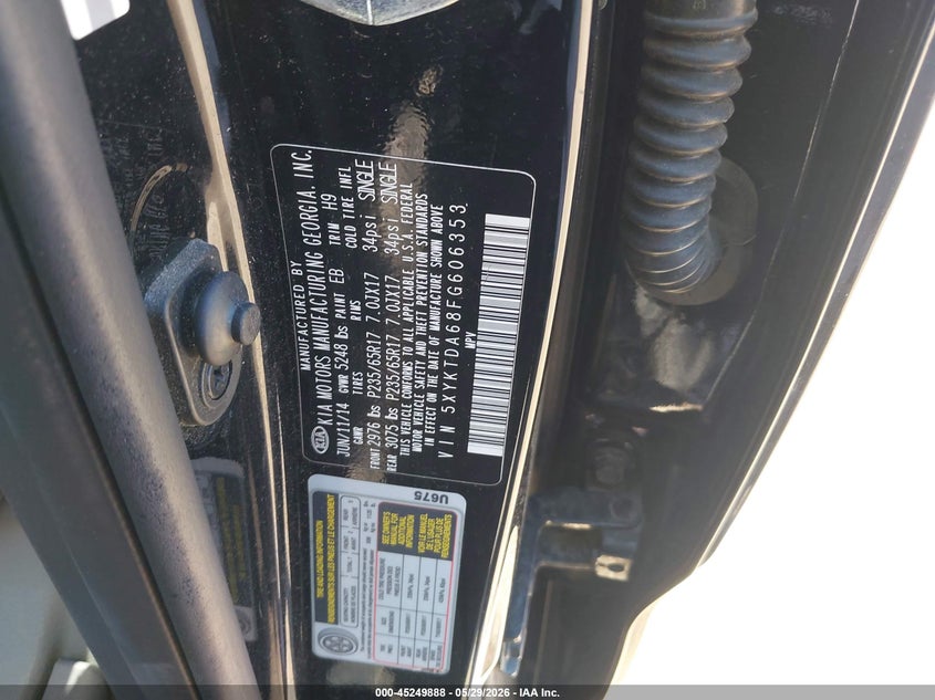 2015 Kia Sorento VIN 5XYKTDA68FG606353 IAAI salvage auction — FRONT END, Salvage Title, sold $675 on 2026-07-31 (photo 9)
