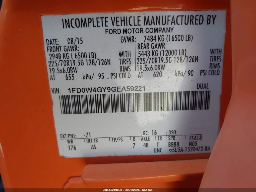 2016 Ford F450 VIN 1FD0W4GY9GEA59221 IAAI salvage auction — UNKNOWN, Salvage Title, sold $150 on 2026-07-18 (photo 8)