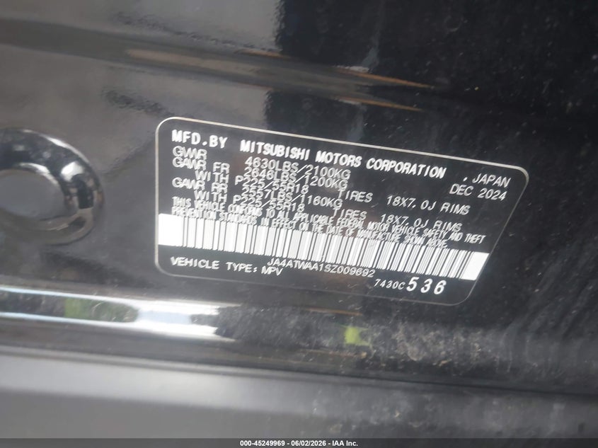 2025 Mitsubishi Eclipse cross VIN JA4ATWAA1SZ009692 IAAI salvage auction — FRONT END, Salvage Title, sold $4,850 on 2026-07-31 (photo 9)