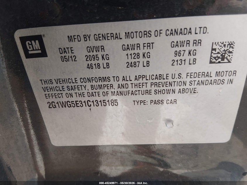 2012 Chevrolet Impala VIN 2G1WG5E31C1315185 IAAI salvage auction — HAIL, Salvage Title, sold $600 on 2026-07-24 (photo 9)